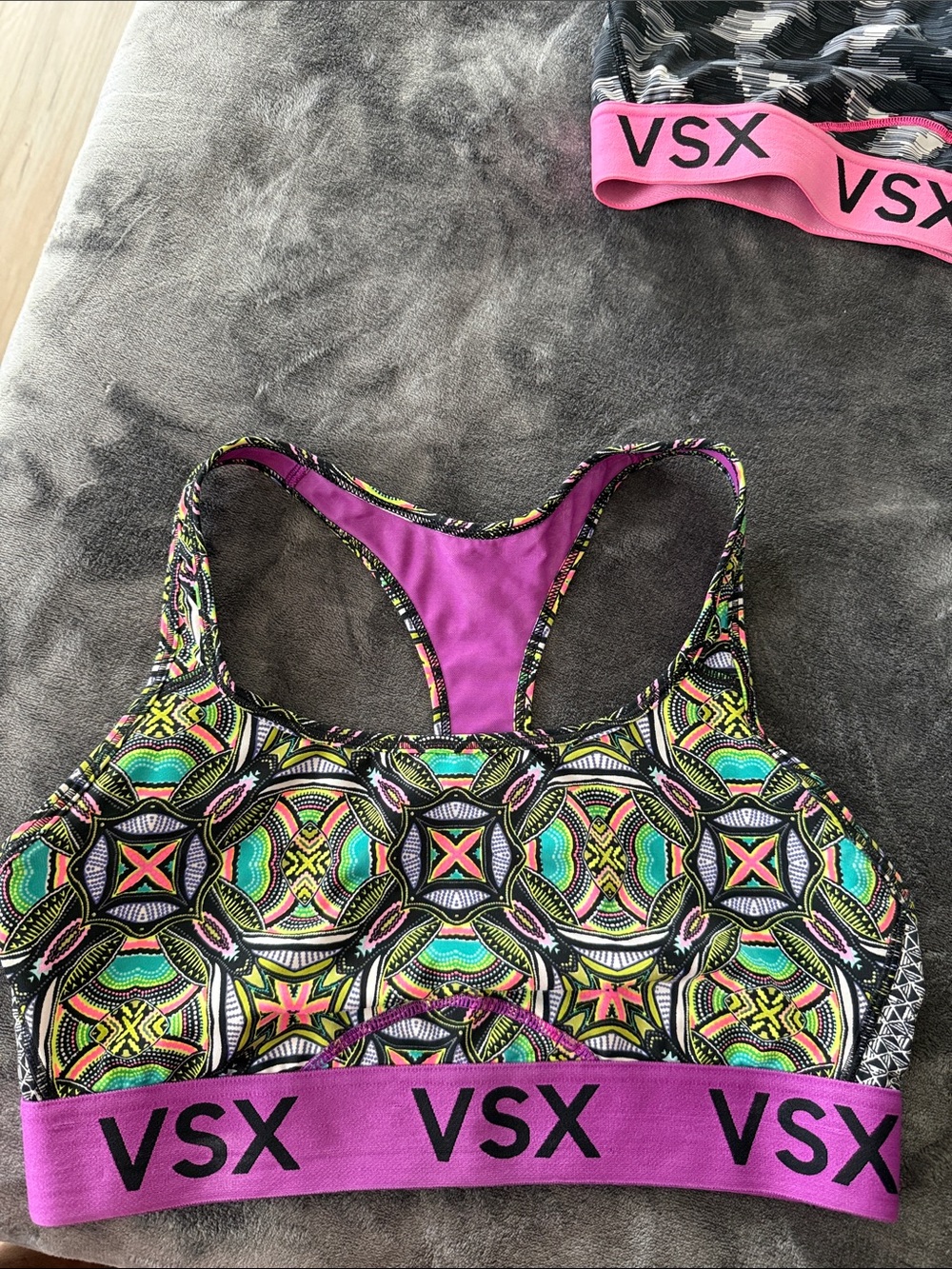 VSX Pink Trim Multicolor Geometric Racerback Sports Bra